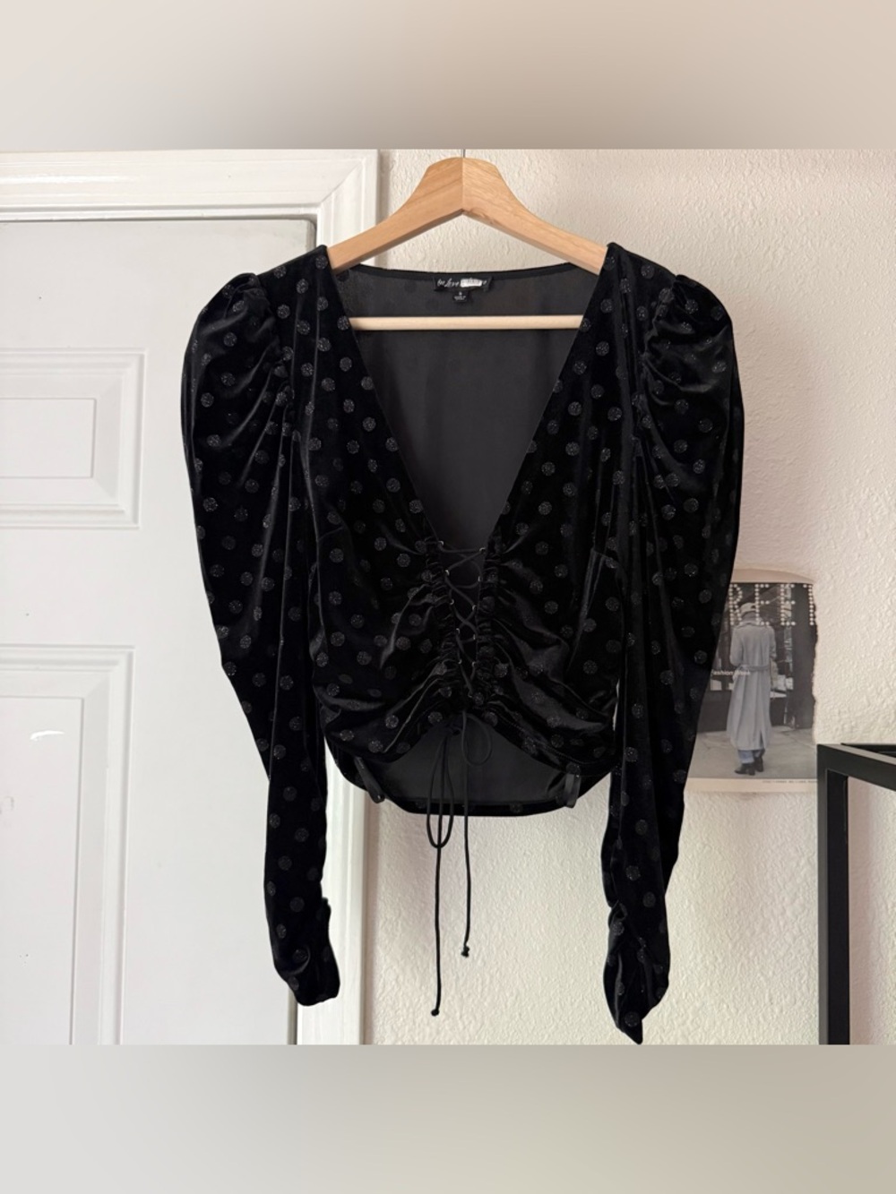 FOR LOVE & LEMONS black velvet dot polka glitter lace up puff sleeve blouse